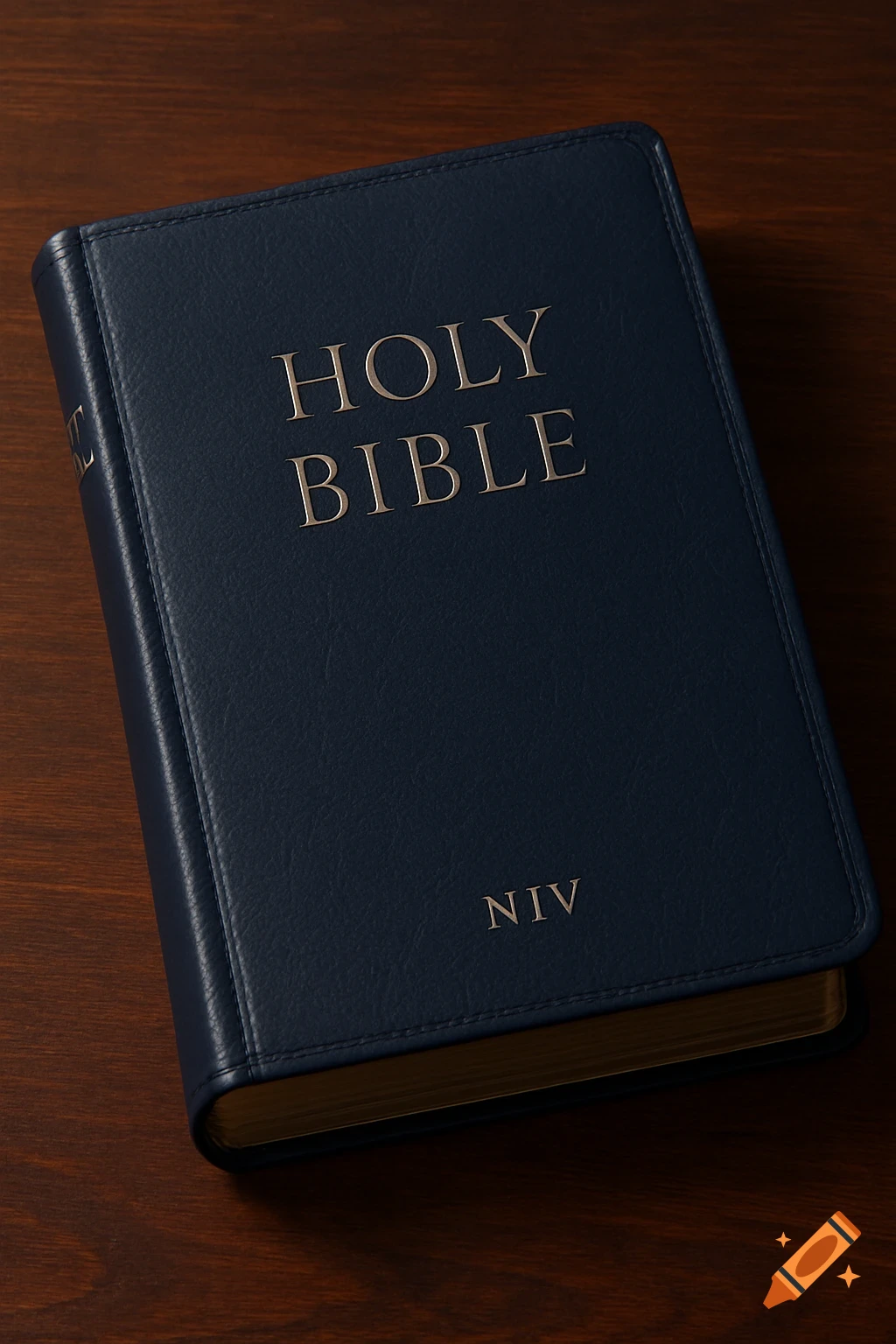 A photorealistic image of a navy blue Holy Bible with 'HOLY BIBLE' and 'NIV' on its cover, resting on a dark wooden surface.
