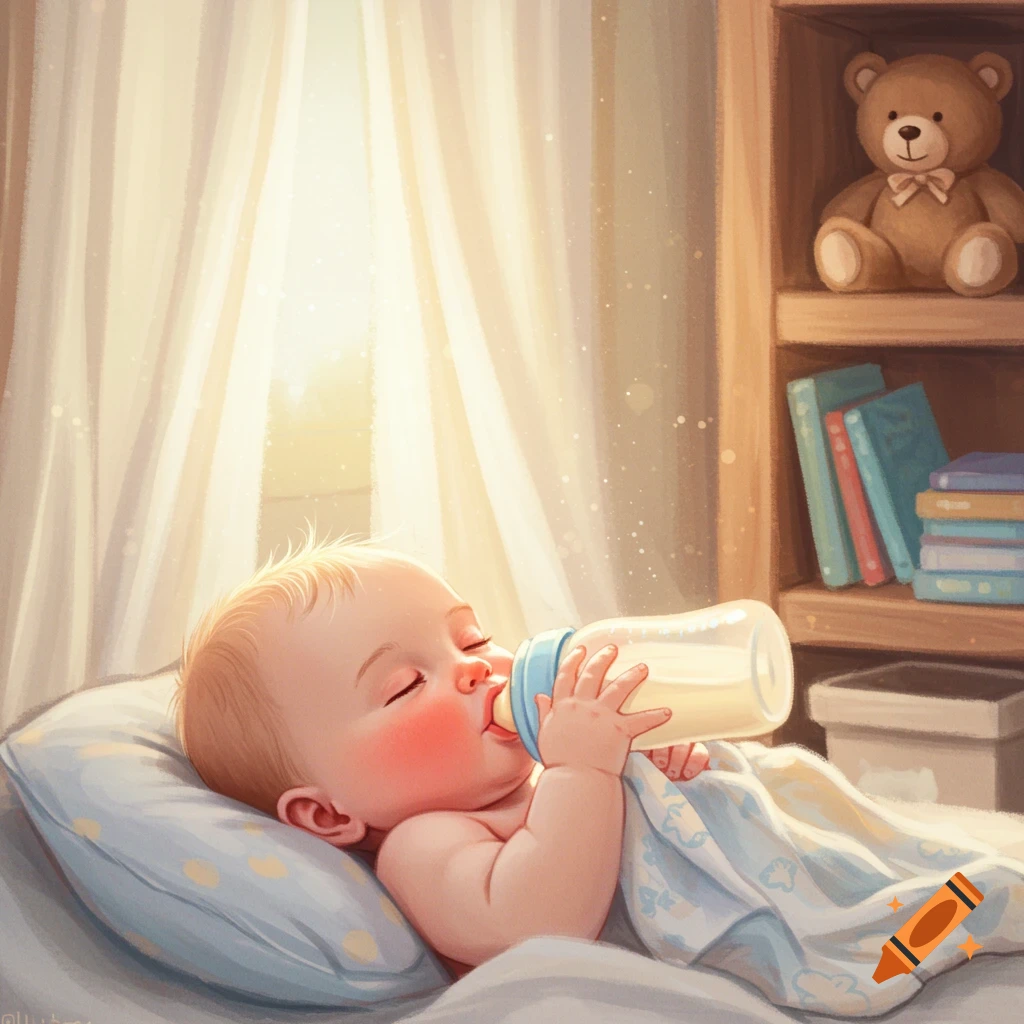 An adorable illustrated baby bottle-feeding while resting in a cozy, sunlit nursery with a teddy bear on a shelf.