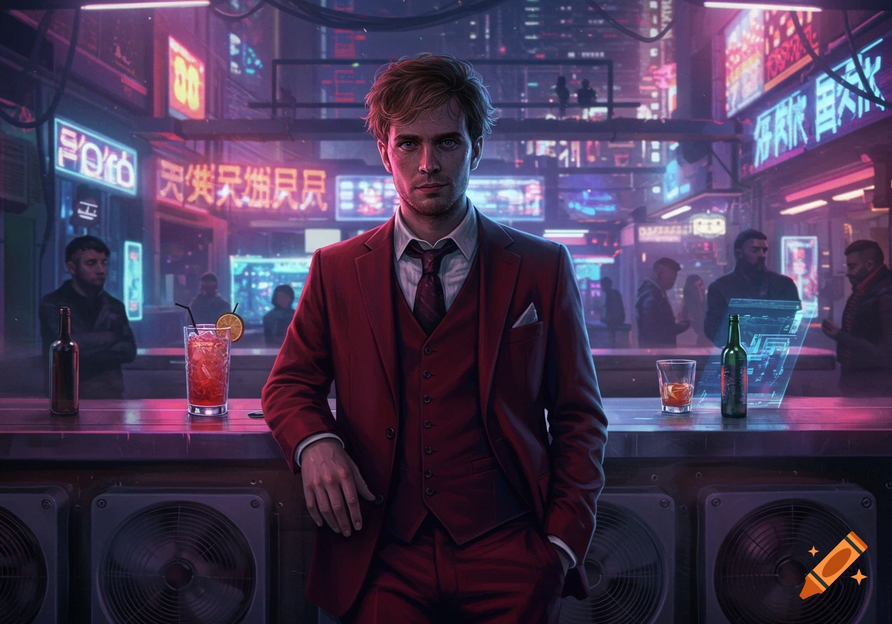 A scruffy, roguish young man in a red suit stands at a bar in a neon-lit cyberpunk city, holding a drink.