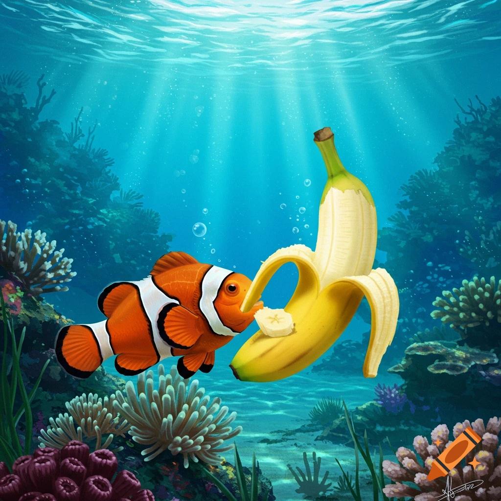 A vibrant illustration of a clownfish eating a slice of a peeled banana underwater amidst coral reefs.