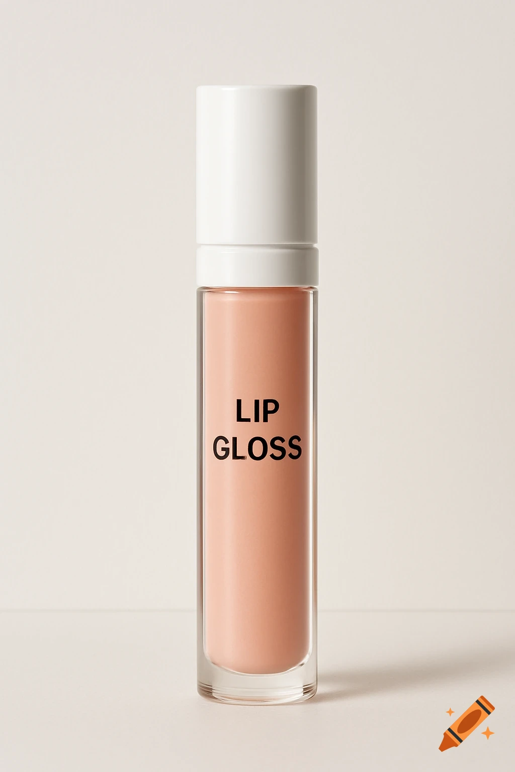Photorealistic close-up of a peachy pink lip gloss tube with a white cap and 'LIP GLOSS' text on a white background.