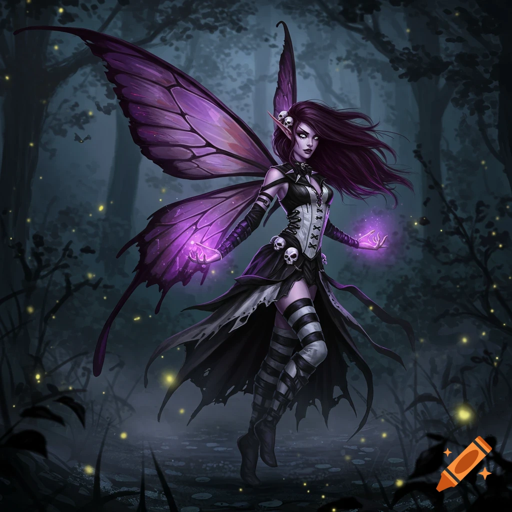 A dark gothic fairy with large purple butterfly wings, purple hair, and skulls on her pointed ears, creating purple glowing magic in a dark forest.