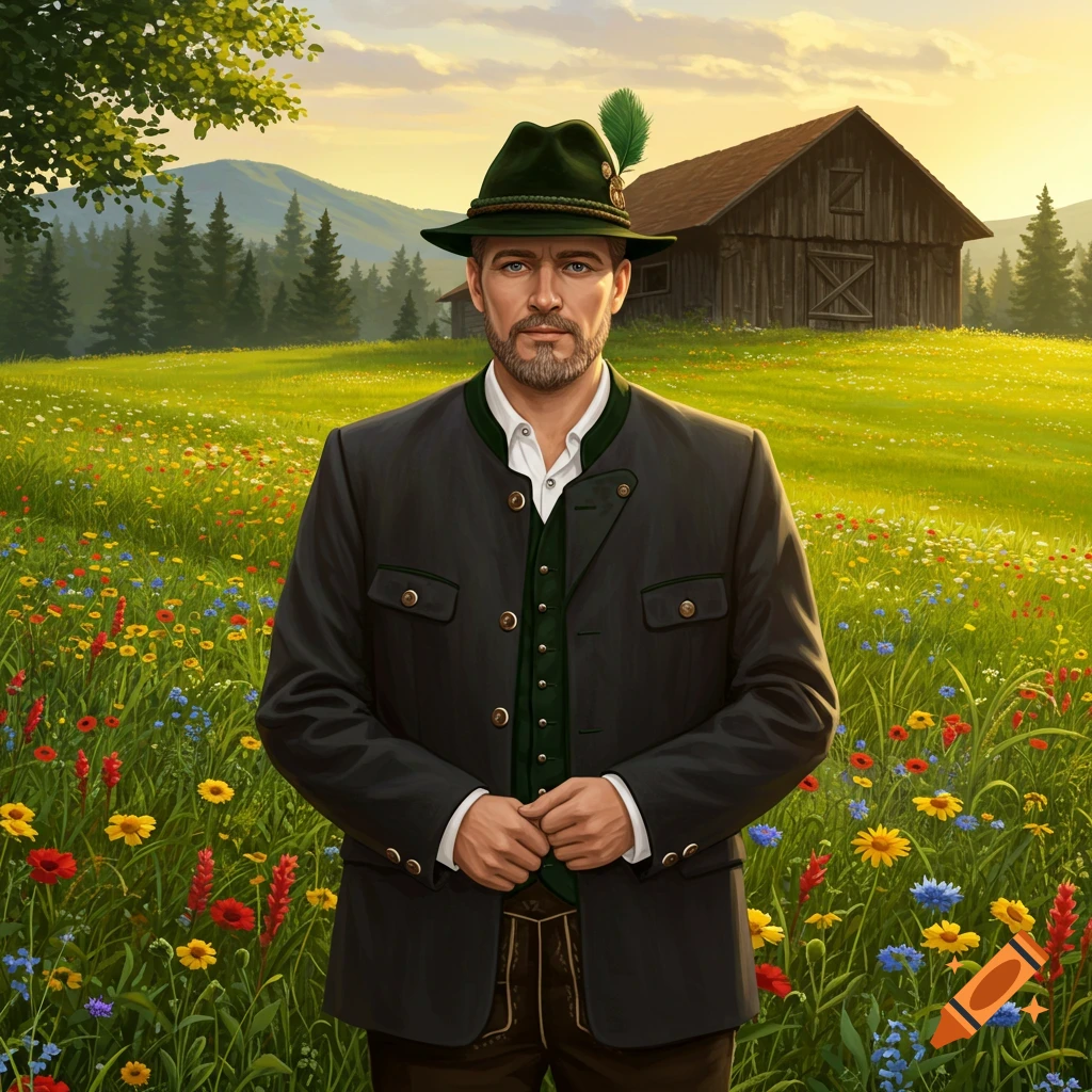 A man in traditional German attire and feathered hat stands in a vibrant wildflower meadow with a barn and mountains.