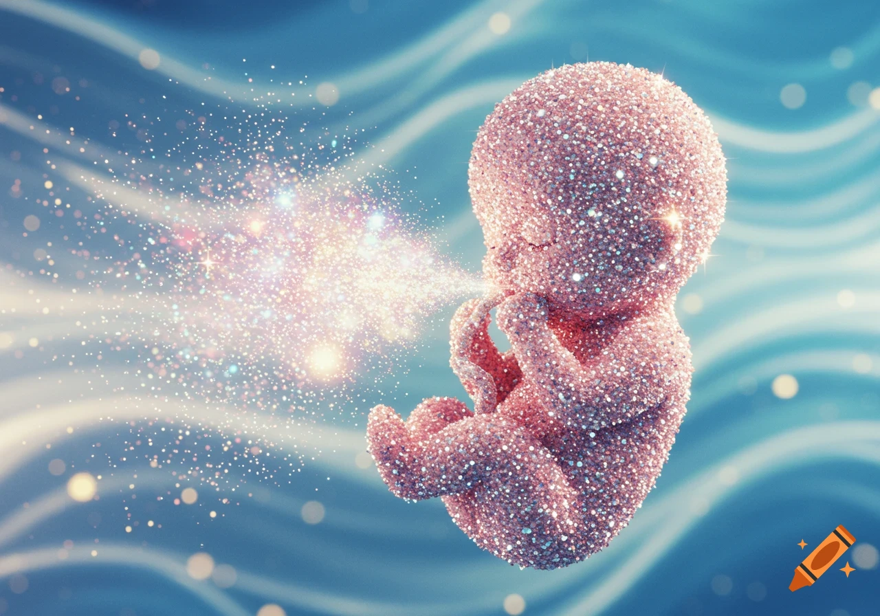 A pink glittery fetus sneezes a burst of sparkling glitter against a wavy blue background.