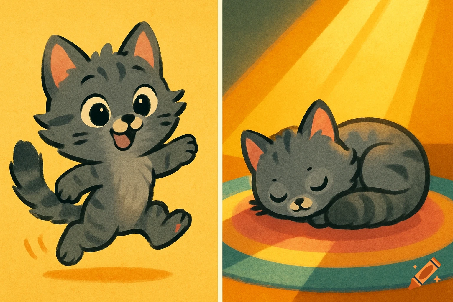 Cartoon grey tabby cat playing, then sleeping curled in a warm sunbeam, in a children's book illustration style.