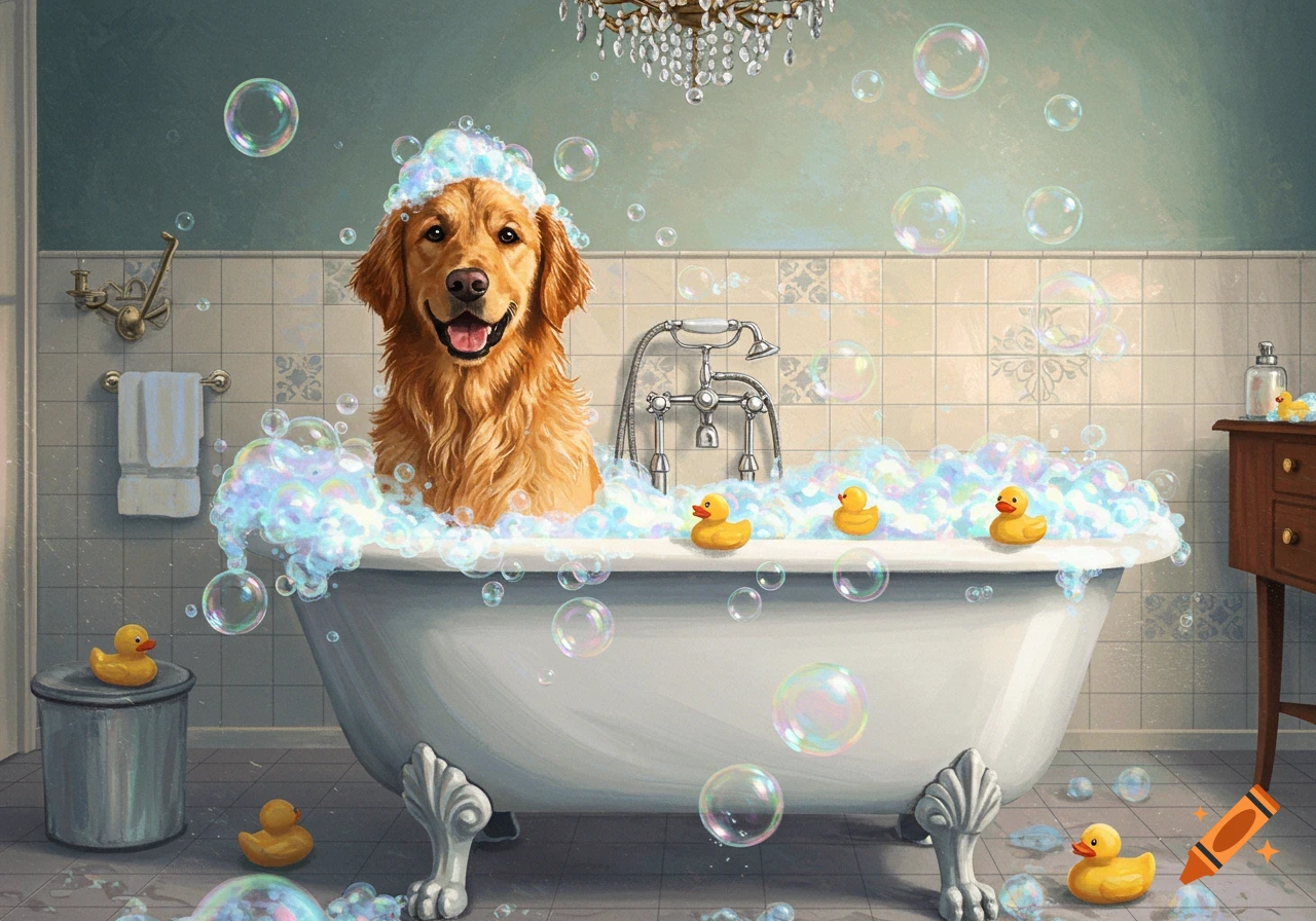 A happy Golden Retriever dog sits in a bubble-filled bathtub with rubber ducks, in a cheerful illustration.