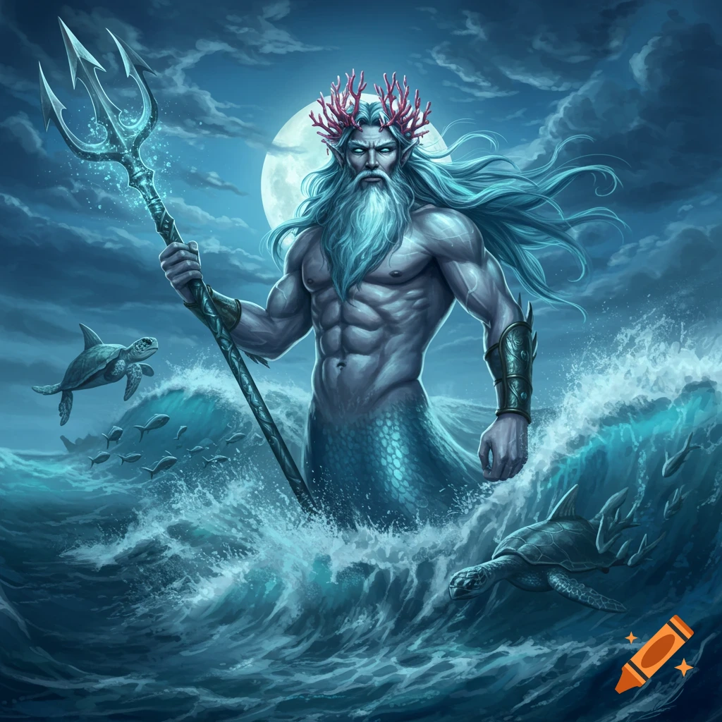 Triton, a muscular merman with a coral crown and trident, stands in stormy seas under a full moon, with sea creatures around him.