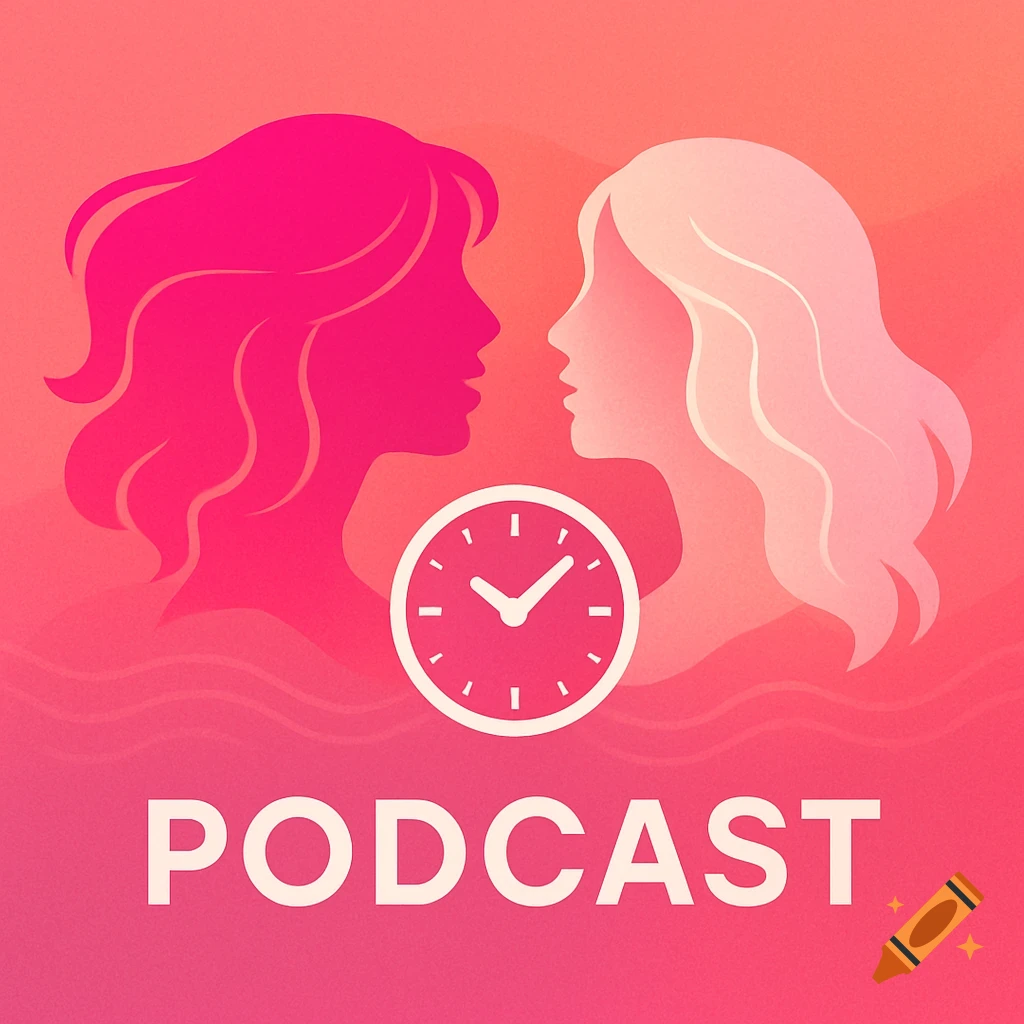 Stylized pink and red podcast logo with two female silhouettes facing each other, a clock, and the word 'PODCAST' below.