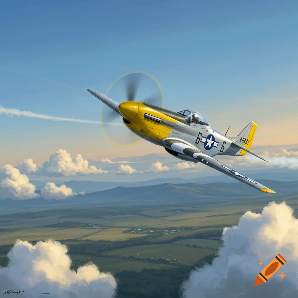 A P-51 Mustang airplane with a yellow nose and silver body flies over a green landscape with scattered clouds.
