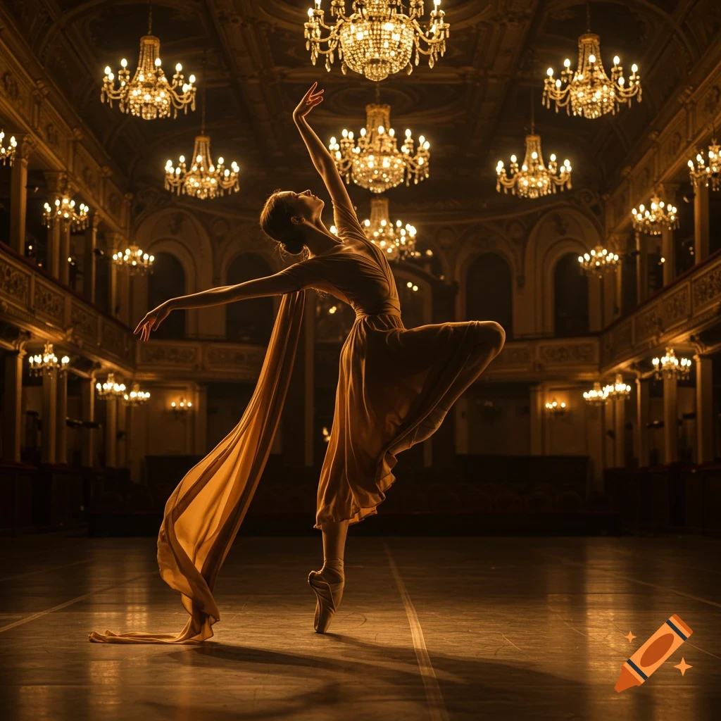 A graceful ballerina in a flowing gold dress dances en pointe in an opulent hall lit by many chandeliers.
