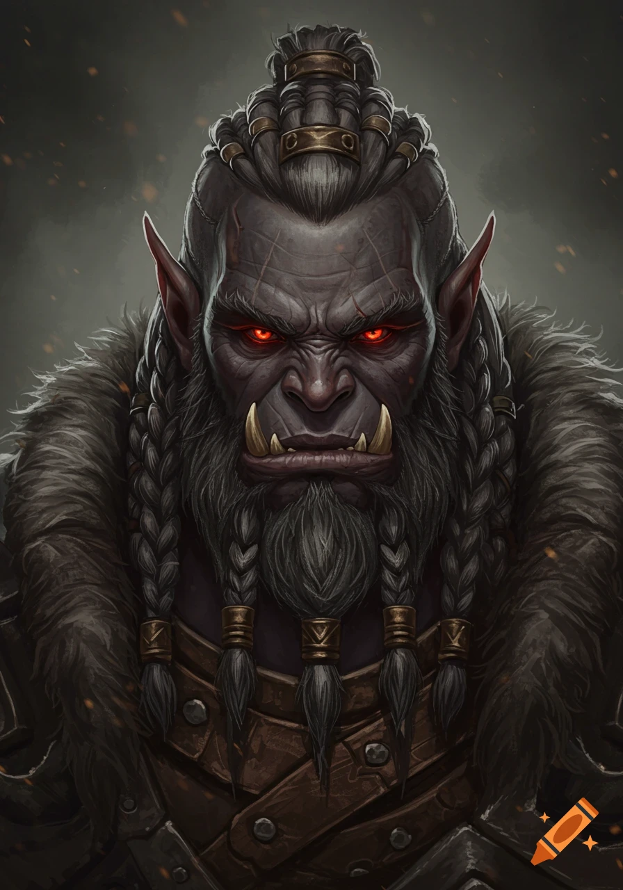 Drawn portrait of a fierce half-orc with dark grey skin, glowing red eyes, braided hair and beard, and fur-trimmed armor.