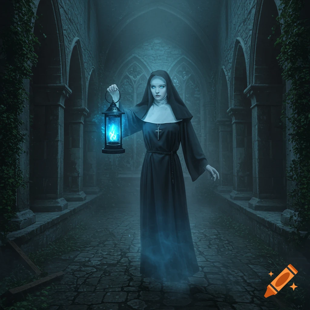 A ghostly nun with glowing blue eyes stands in a dark gothic hall, holding a lantern with a blue flame.