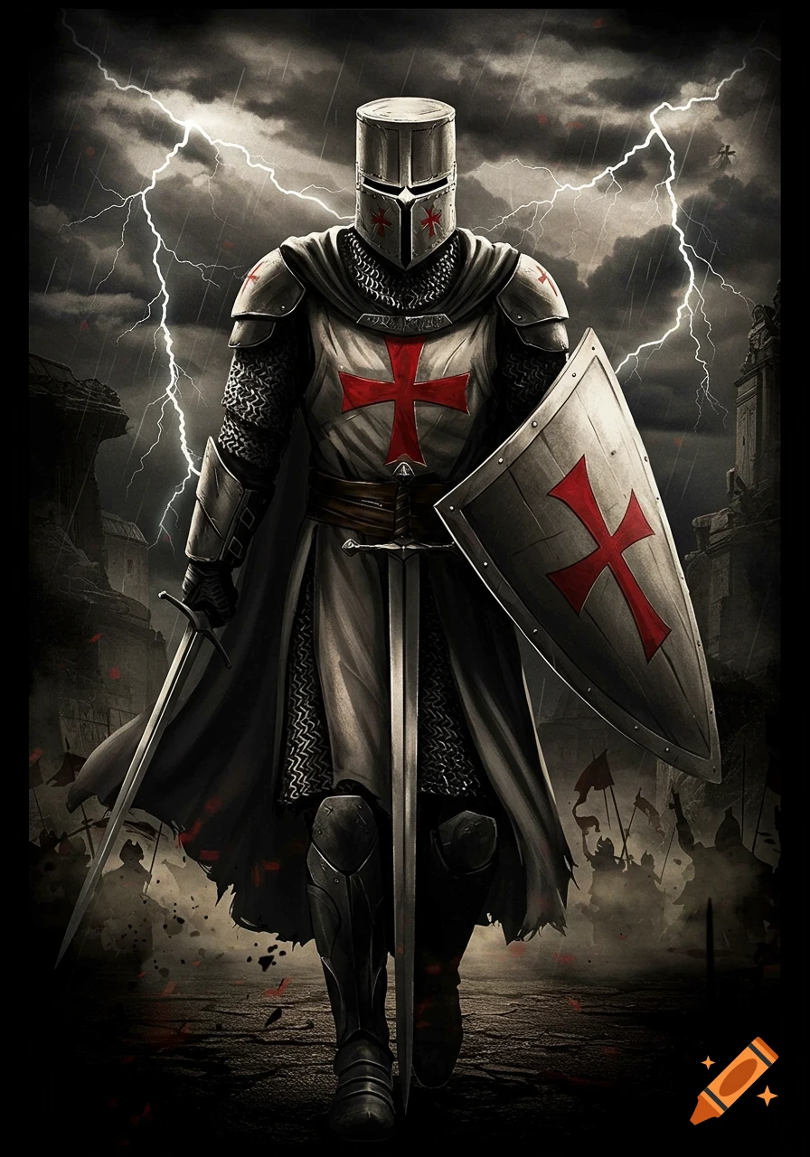Templar knight in full armor, wielding a sword and shield with red crosses, marches through a stormy battlefield with lightning.