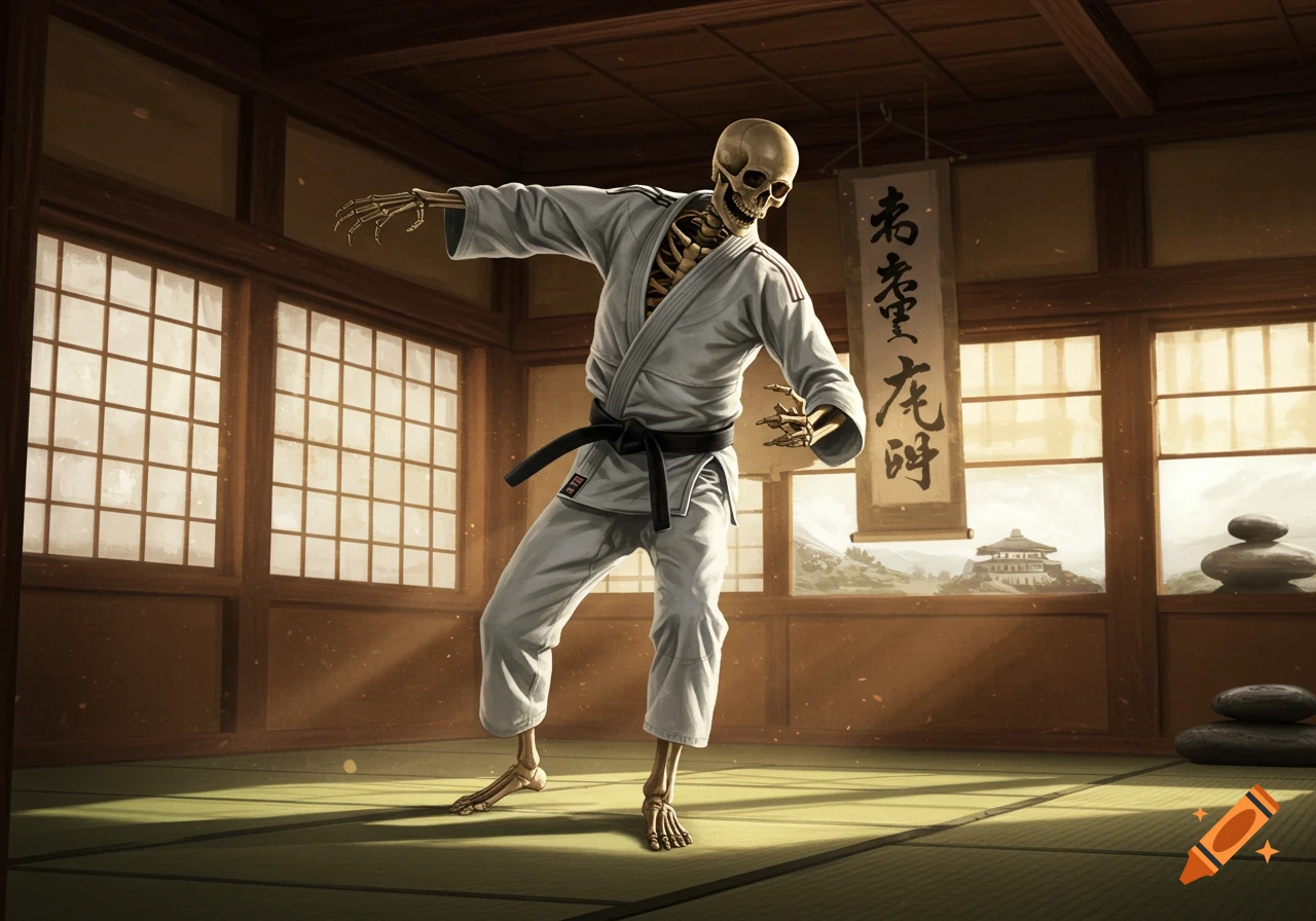 A skeleton in a white gi with a black belt strikes a martial arts pose in a traditional Japanese dojo, with mountains and a temple visible outside.