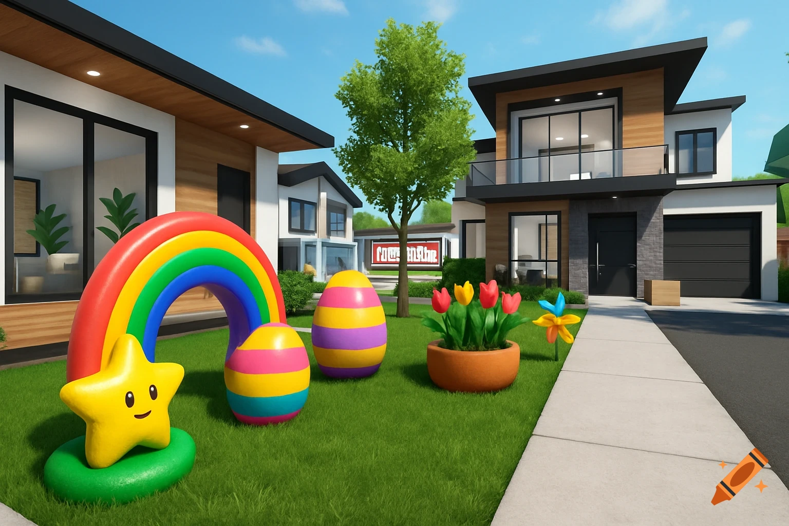 Rendered scene of modern houses with a vibrant lawn decorated with a rainbow, a smiling star, and colorful Easter eggs, under a blue sky.
