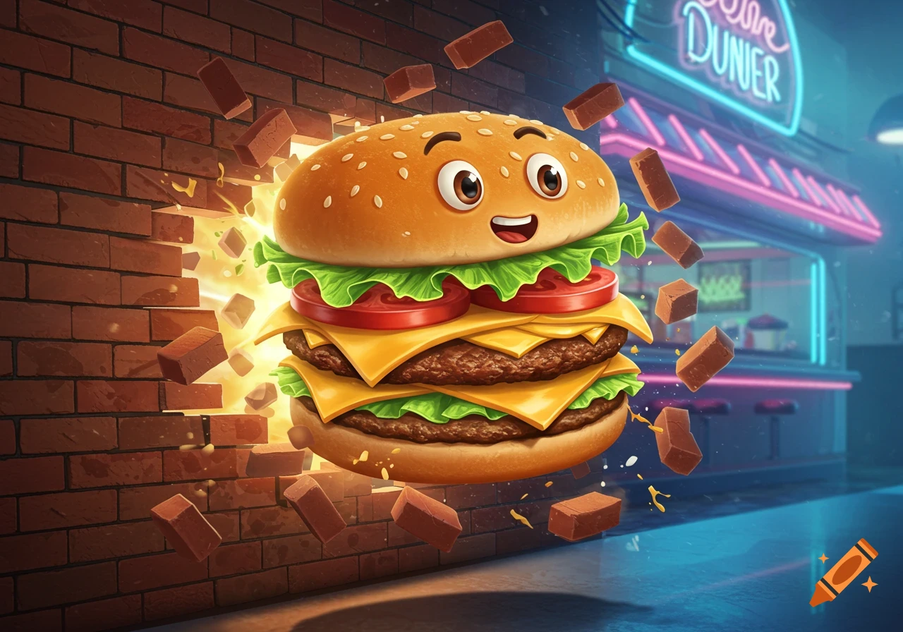 A smiling cartoon double cheeseburger with eyes and a mouth breaks through a brick wall, with a neon-lit diner in the background.