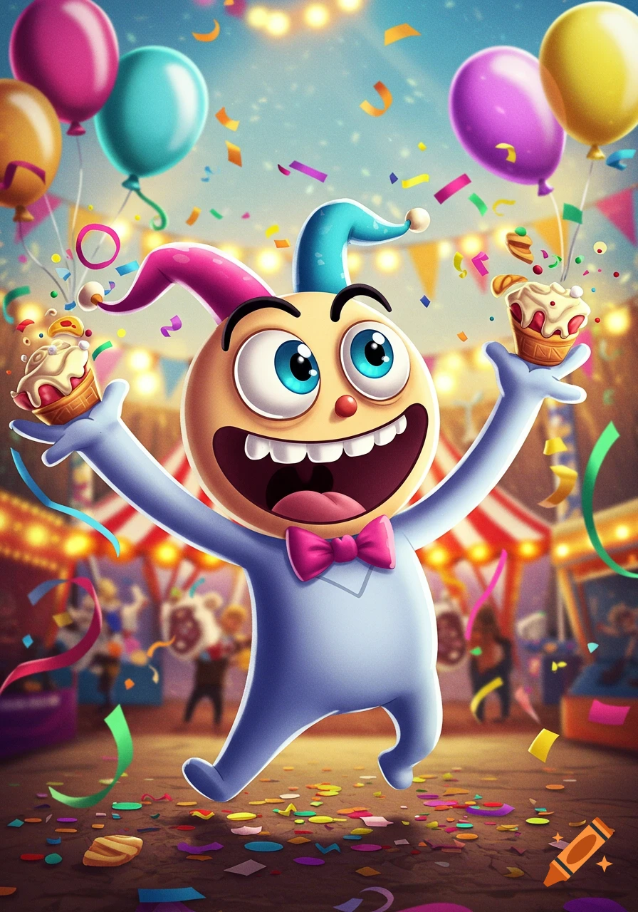 A cheerful, cartoony jester character with a pink bow tie jumps at a festive carnival, holding cupcakes, surrounded by confetti and balloons.