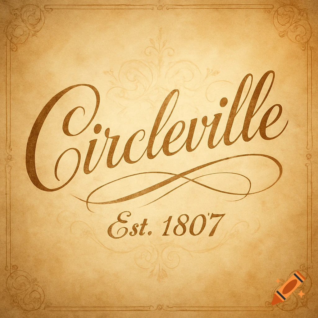Elegant brown script 'Circleville Est. 1807' on a textured vintage parchment background with decorative flourishes.