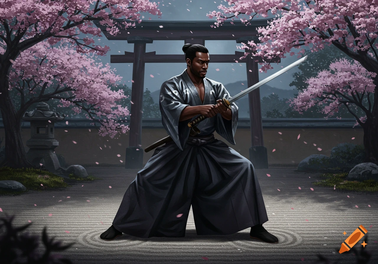 A Black samurai warrior in a black kimono holds a katana in a cherry blossom garden with a torii gate and zen sand garden.