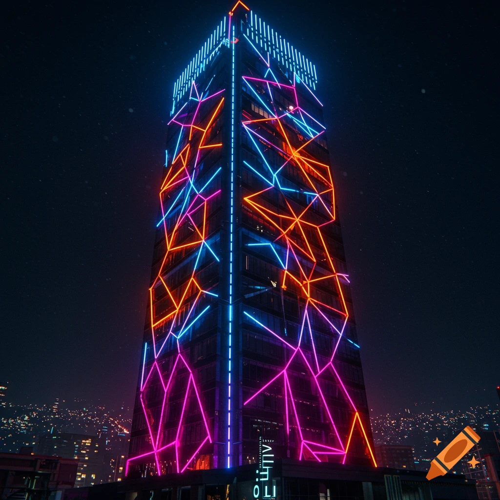 A tall skyscraper illuminated by vibrant blue, orange, and pink neon lights at night against a dark sky with a distant city.