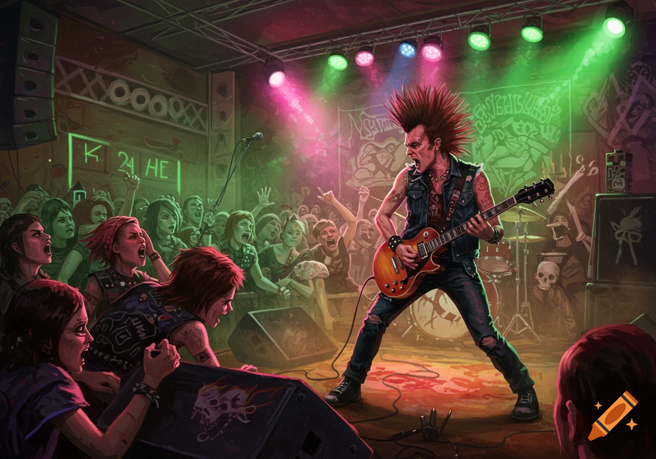 A punk rock guitarist with a red mohawk plays on stage, illuminated by pink and green lights, in front of a cheering crowd in a grungy club.