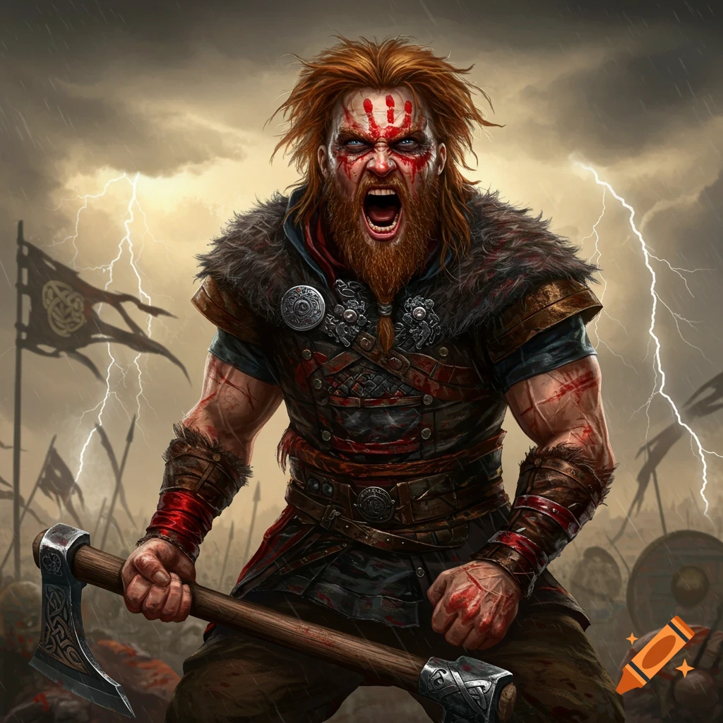 A screaming, blood-covered Viking warrior with red hair and a handprint on his face, holding an axe amidst a stormy battle with lightning.