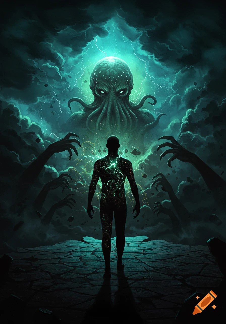A dark humanoid figure with glowing green patterns stands before a monstrous Cthulhu creature emerging from a stormy, teal-lit sky with grasping shadowy hands.