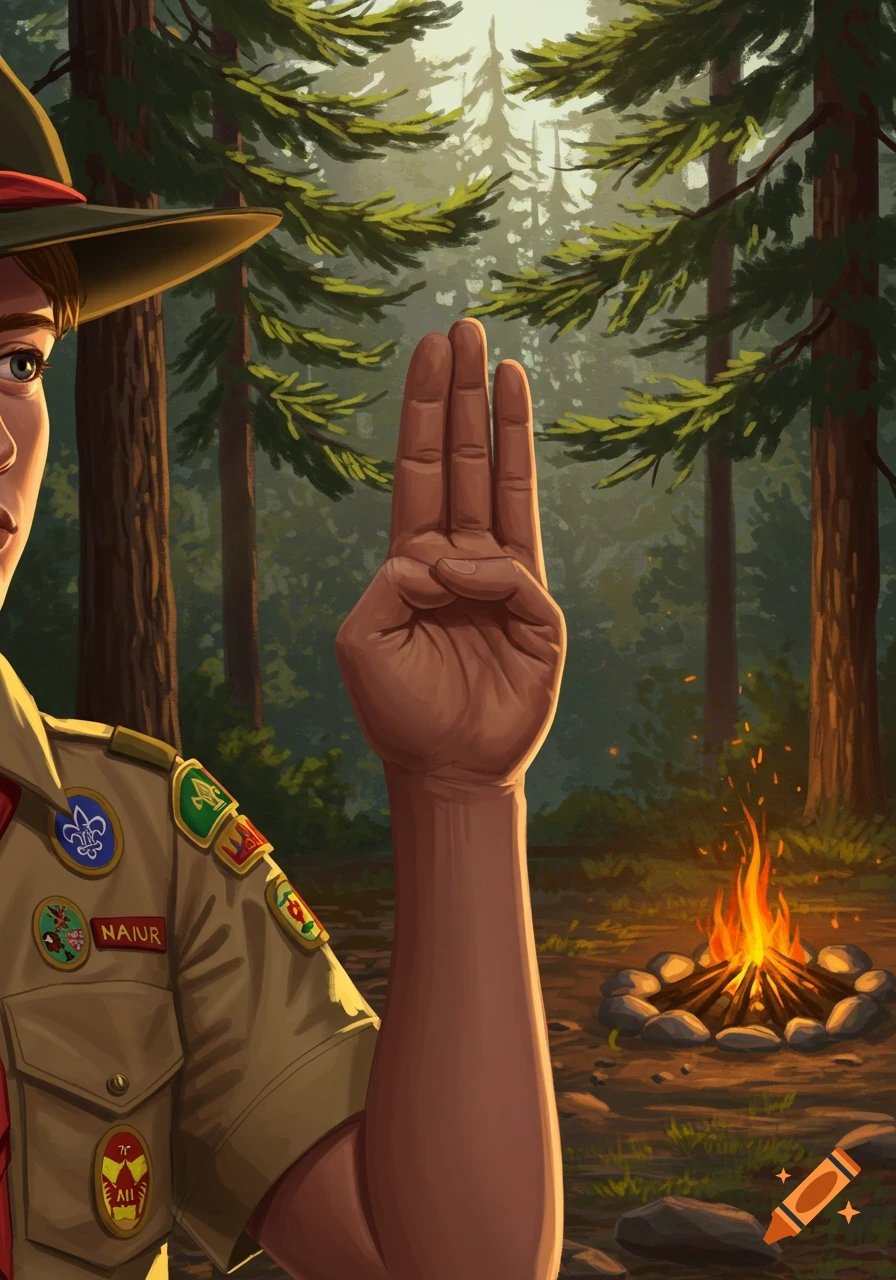 A close-up of a scout in uniform giving the scout's honor sign in a forest with a campfire.
