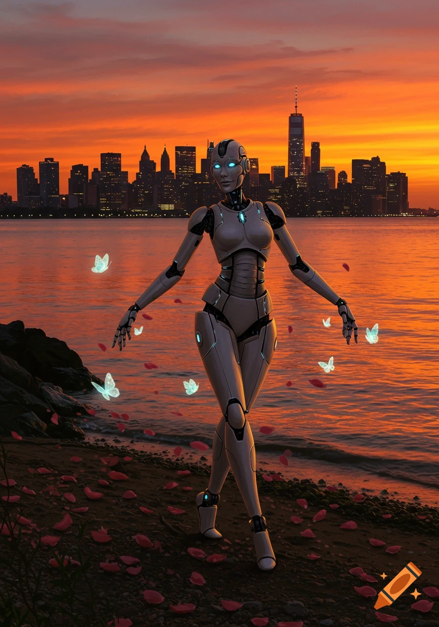 A white robot princess stands by a river at sunset, with a city skyline in the background and glowing butterflies around her.