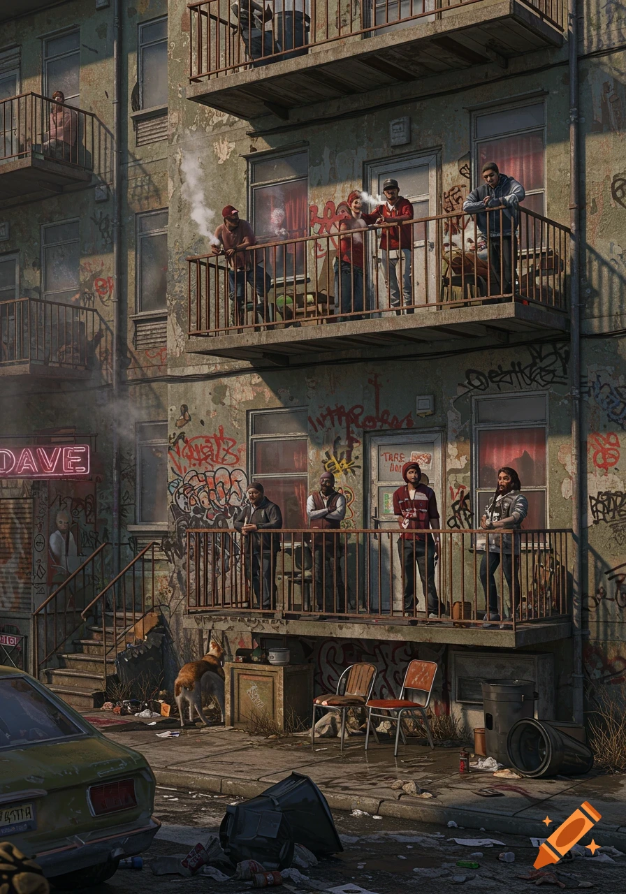 A detailed, photorealistic image of a rundown apartment building with people standing on multiple balconies, covered in graffiti, and a dog on the stairs. A car and trash are on the street below.