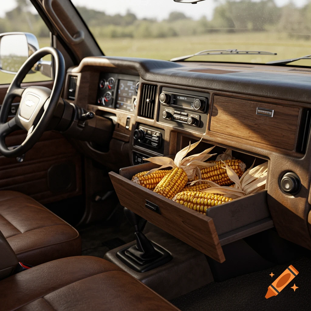 Photorealistic image of a truck's brown interior with an open glove compartment filled with husked corn cobs.