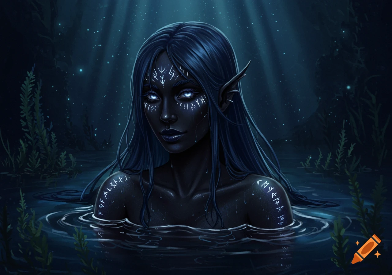 Dark-skinned elf-like woman with glowing eyes and white runic markings, submerged in dark, mystical water with glowing particles.