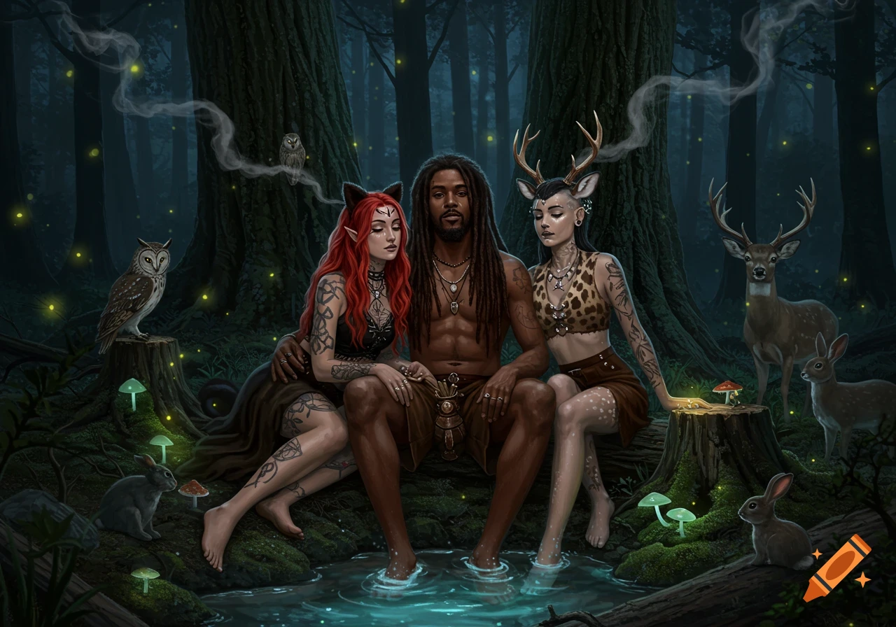Man with dreadlocks between two tattooed women (one elf-eared, one with antlers) in a mystical forest with animals.
