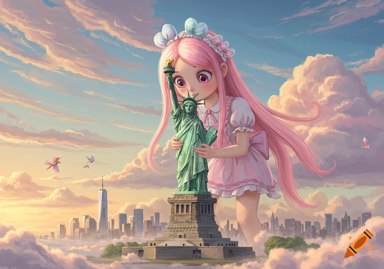 A giant, pink-haired anime girl in a pink dress gently holds the Statue of Liberty amidst a cloudy sky over a cityscape at sunset, with birds flying.