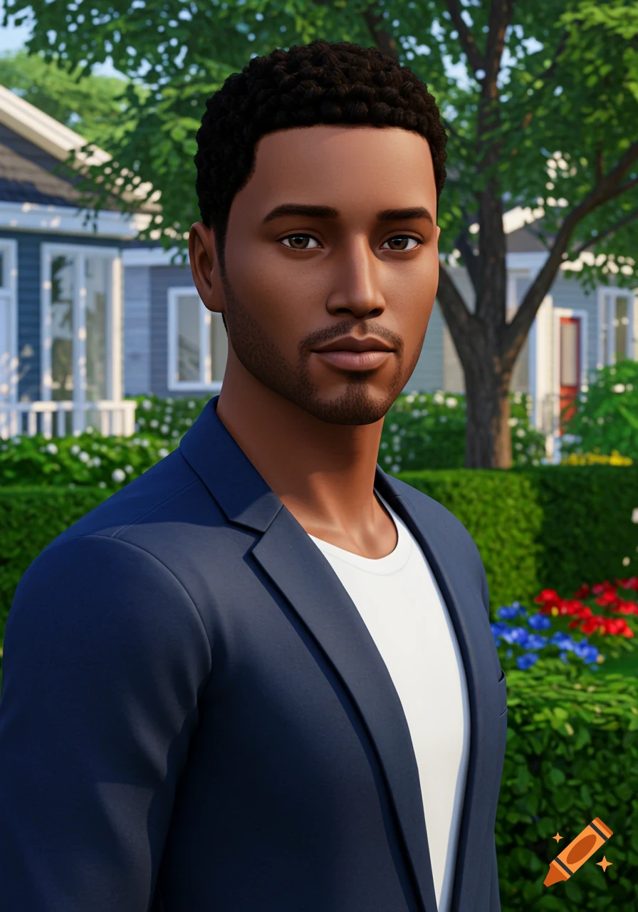A handsome Black man with a beard and curly hair, wearing a navy blazer, stands in a Sims 4 style outdoor setting with a house and greenery.