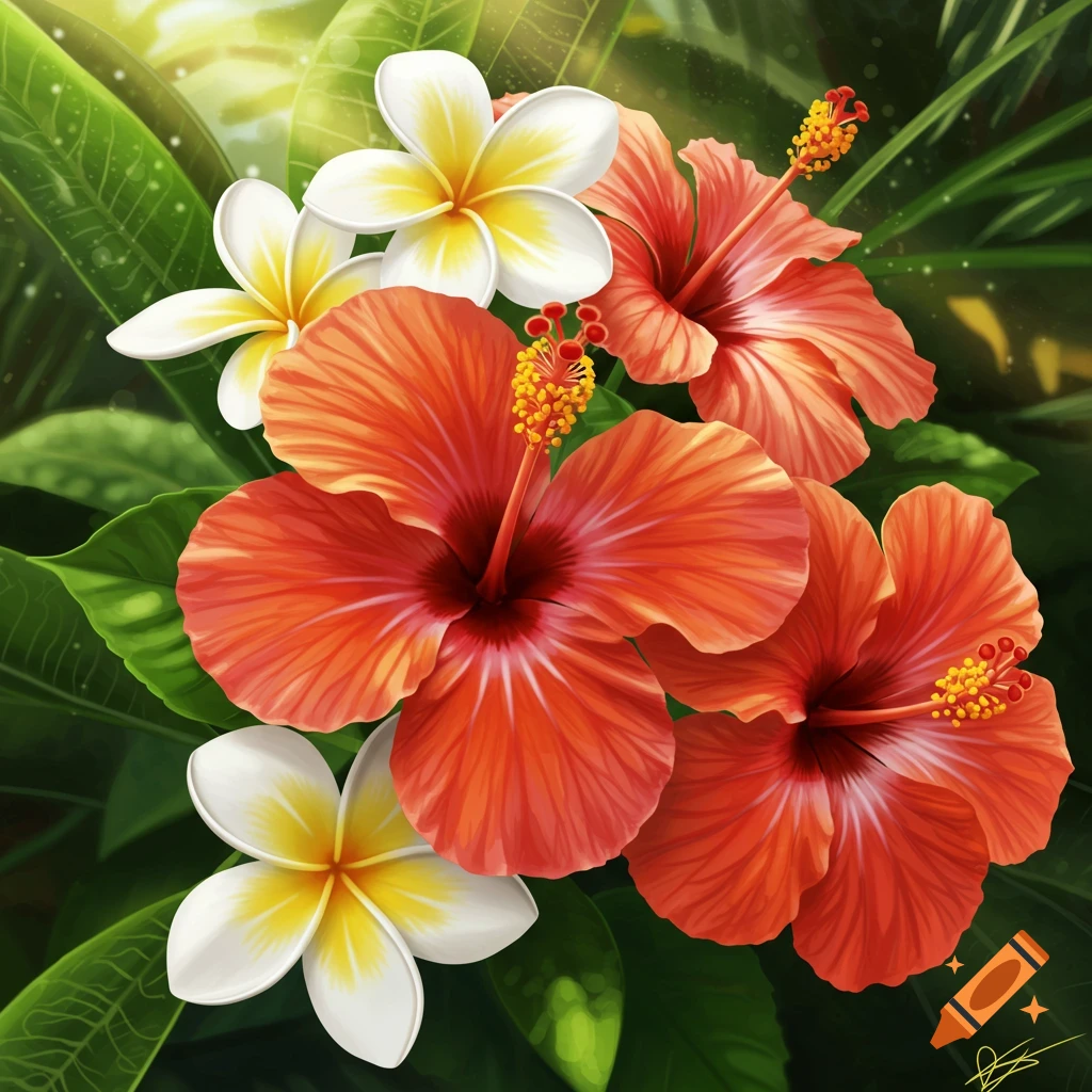 Close-up of vibrant red hibiscus and white-yellow plumeria flowers among lush green leaves, with soft sunlight.