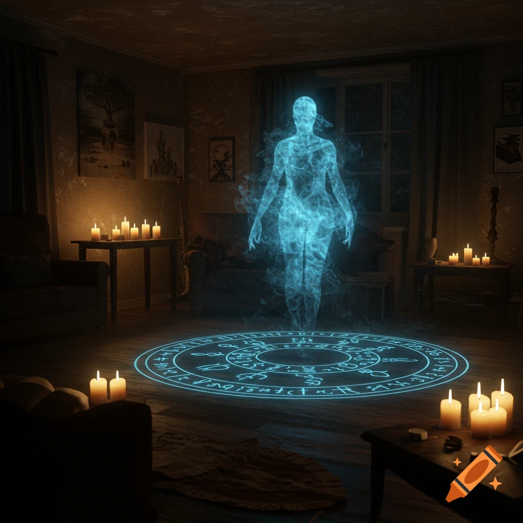 A glowing blue, ethereal figure stands in a summoning circle on a wooden floor, surrounded by lit candles in a dark, atmospheric room.