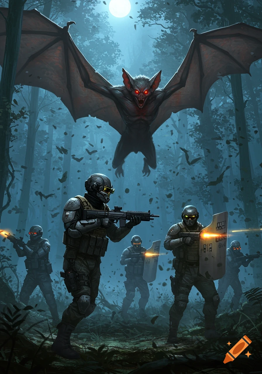 Armored soldiers in a dark forest battle a massive, red-eyed bat-like demon under a full moon, in a digital painting style.