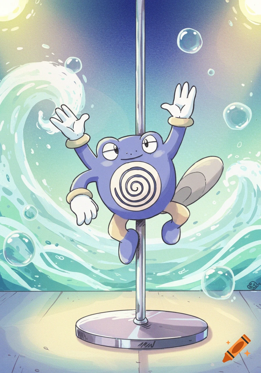 A blue Poliwrath Pokémon dances on a pole, surrounded by light blue waves and bubbles, in a hand-drawn cartoon style.