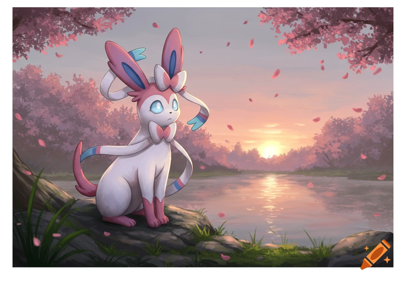A pink and white Sylveon sits on a rock by a lake with cherry blossom trees under a sunset sky, with petals falling.