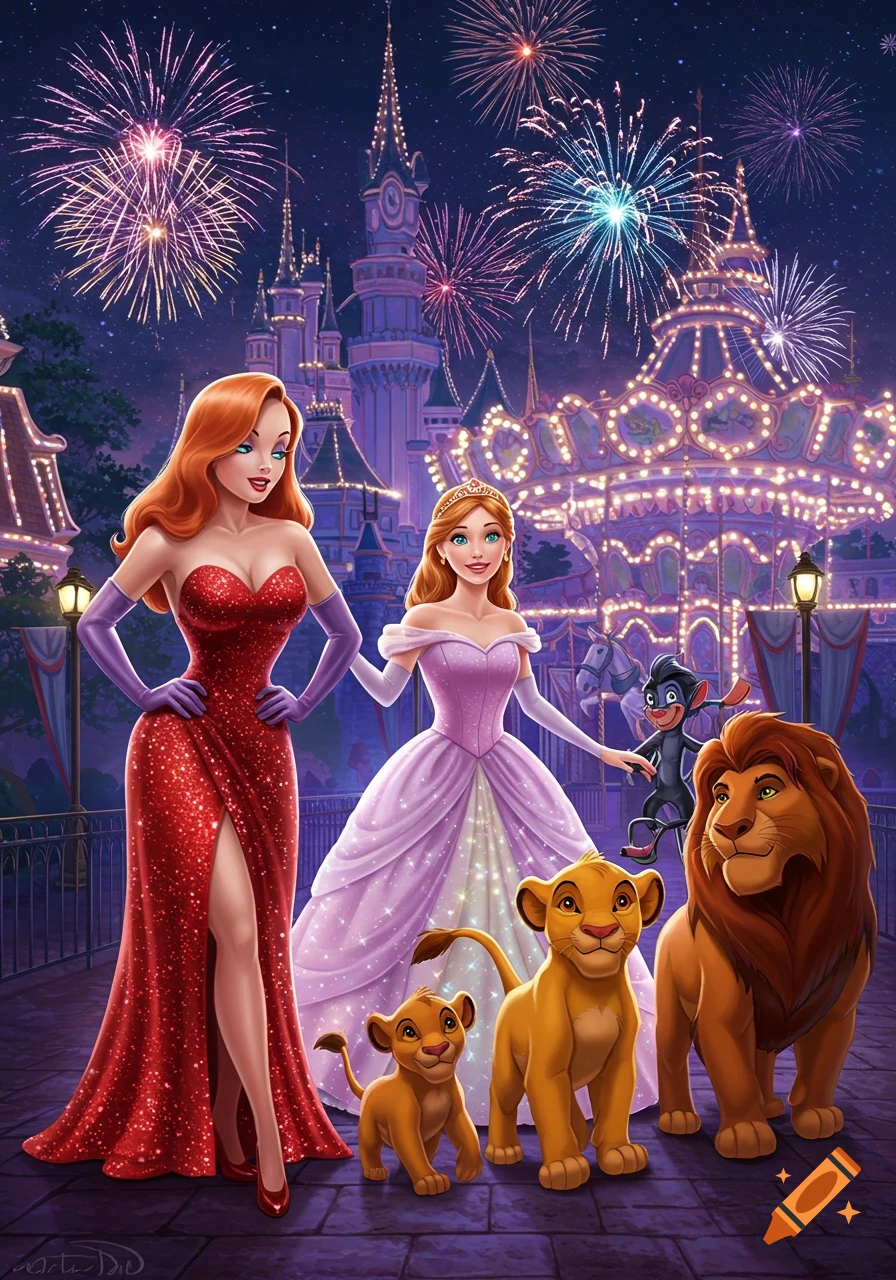 Jessica Rabbit, Princess Giselle, and characters from The Lion King, including Simba and Mufasa, stand in front of a Disney castle with fireworks exploding overhead.