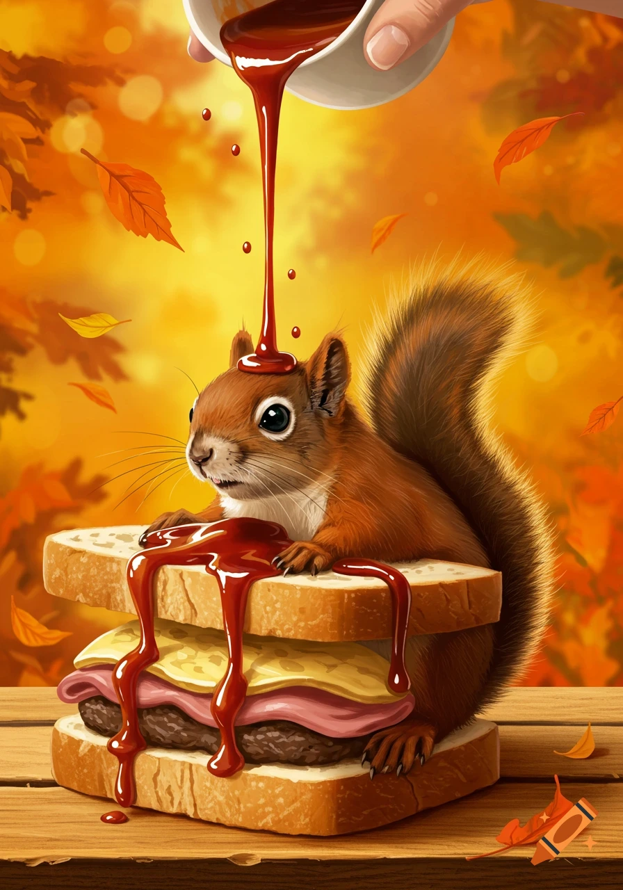 A cute illustrated squirrel sits on a sandwich as barbecue sauce is poured onto its head, with an autumn background.