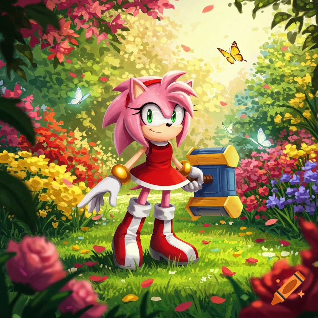 Amy Rose, a pink hedgehog, stands smiling in a colorful, flowery garden with butterflies, holding her hammer.