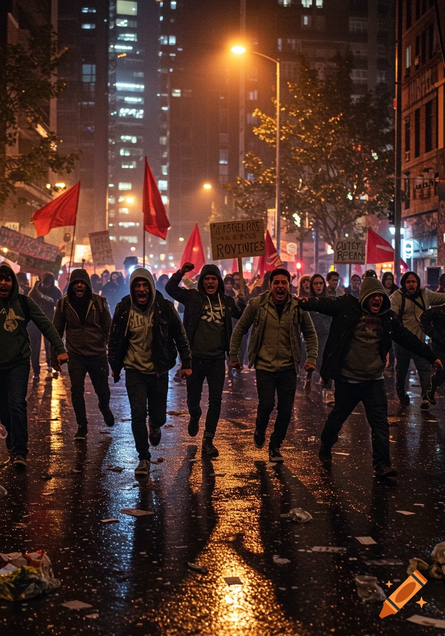 An angry mob of people with aggressive expressions runs down a wet urban street at night, carrying red flags and signs, with city buildings in the background.