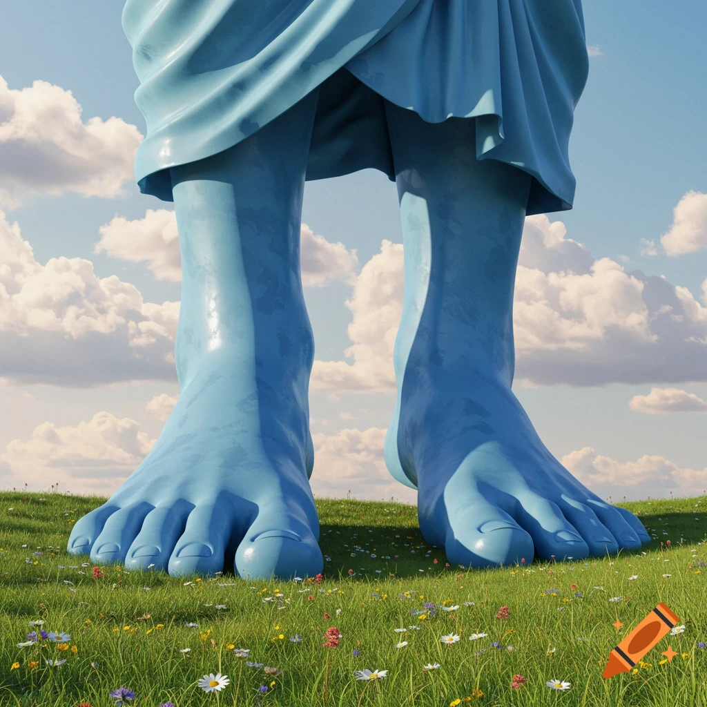 Giant blue feet with robes visible to the ankles stand in a sunny green field with wildflowers under a cloudy blue sky.