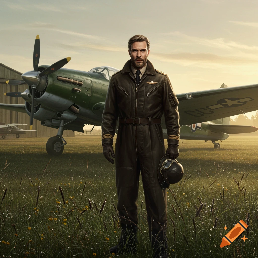A serious pilot in a leather flight suit stands in a grassy field with a vintage green propeller airplane behind him at sunset.