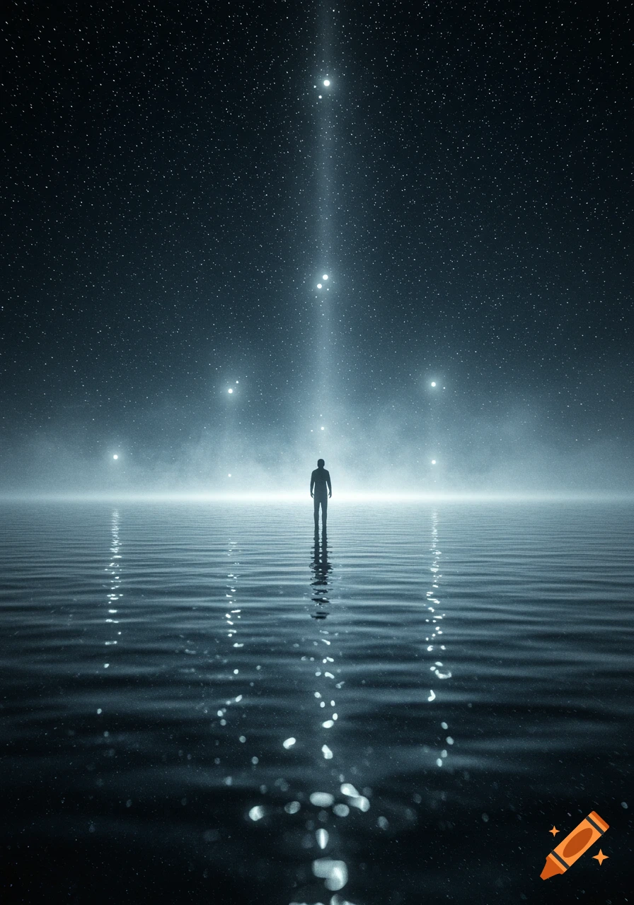 A lone silhouette stands in calm water under a dark, starry night sky with ethereal light beams reflecting on the surface.