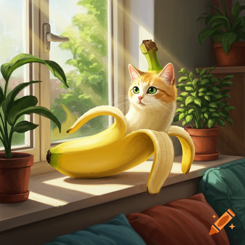 A whimsical illustration of an orange and white cat emerging from a peeled banana on a sunlit windowsill.