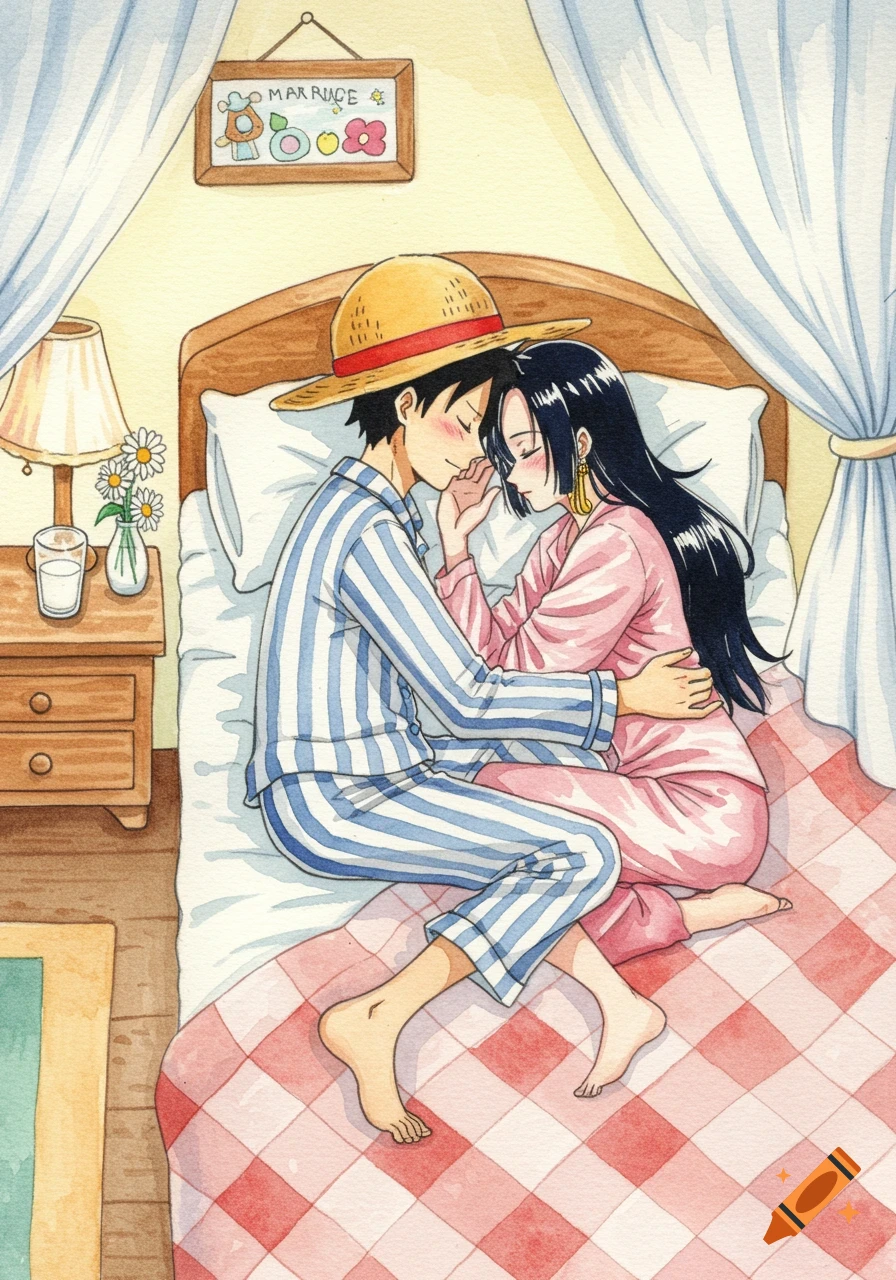 Watercolor painting of anime characters Luffy and Hancock cuddling affectionately in bed, wearing pajamas.