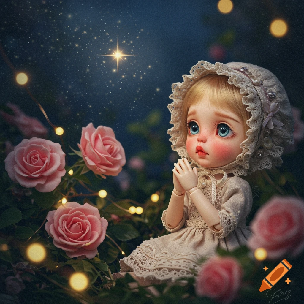 Cute doll with rosy cheeks, hands in prayer, among pink roses and fairy lights under a starry night sky with a bright star.